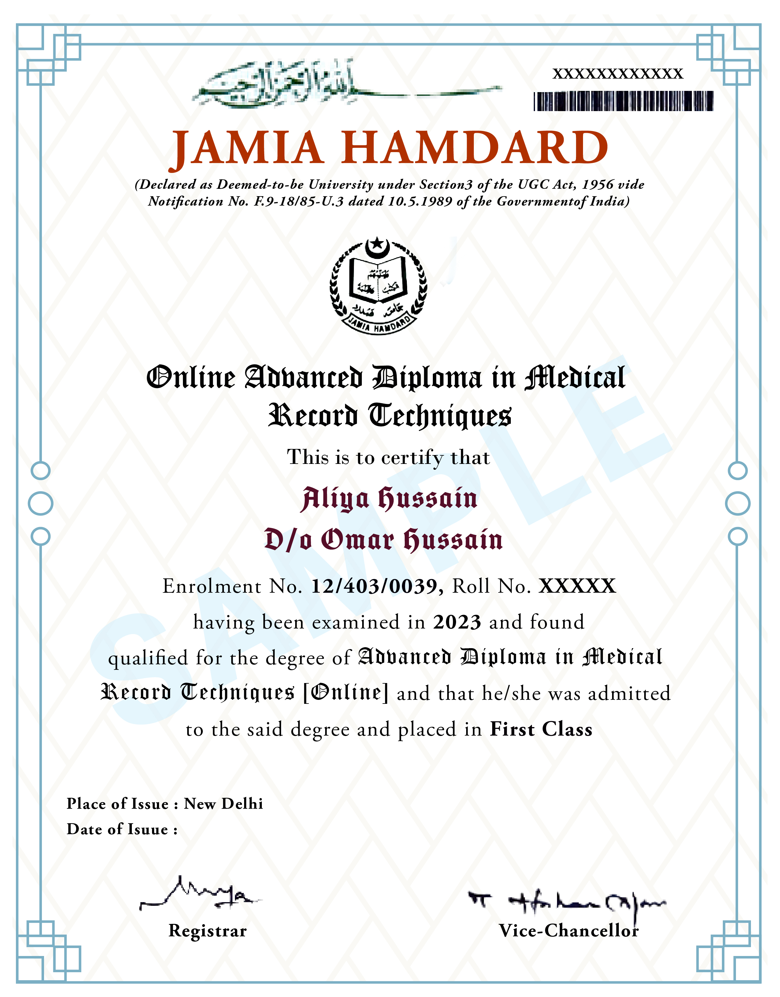 Jamia Hamdard Online Certificate - Advanced Diploma in Medical Record Techniques